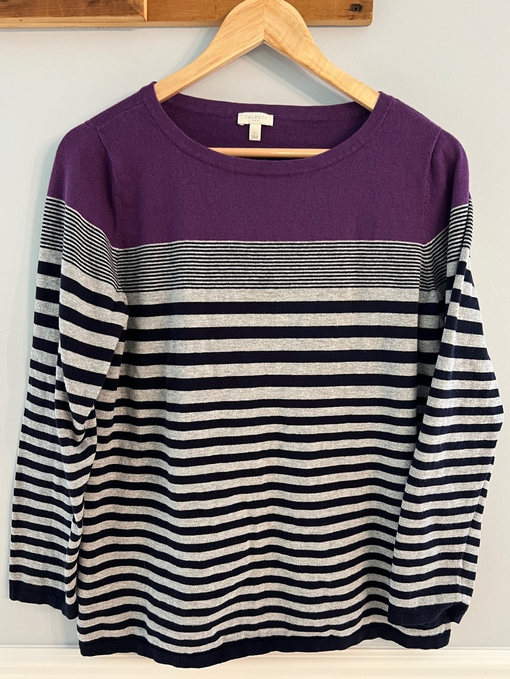 Talbots Striped Purple Knit Sweater Large Cotton Blend